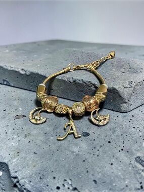 Gold Initial 'A' Charm Bracelet with Crescent Moon Charms